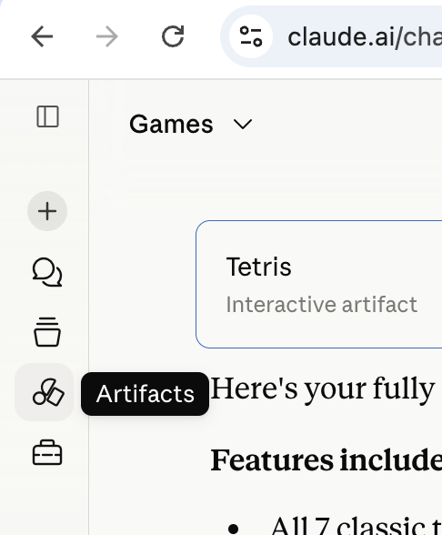 Claude sidebar with Artifacts icon highlighted and tooltip visible