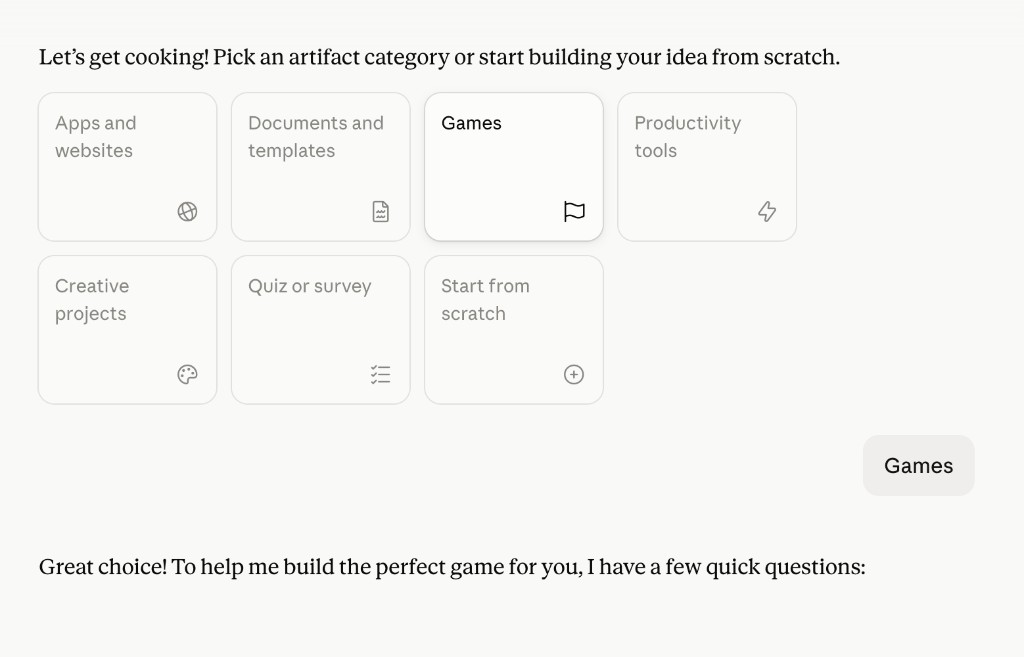 Claude Artifacts category picker with Games card selected
