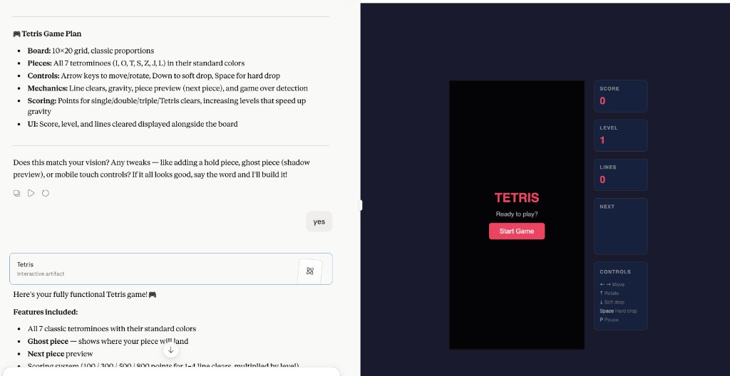 Claude chat with Tetris game plan on the left and playable Tetris Artifact on the right