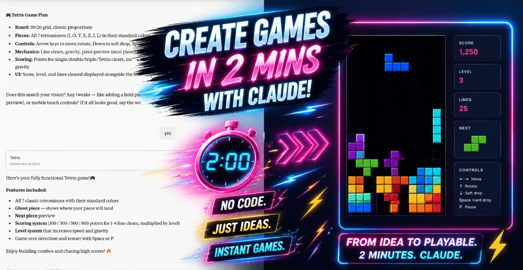 Create games in 2 minutes with Claude — Tetris example built from a prompt using Artifacts