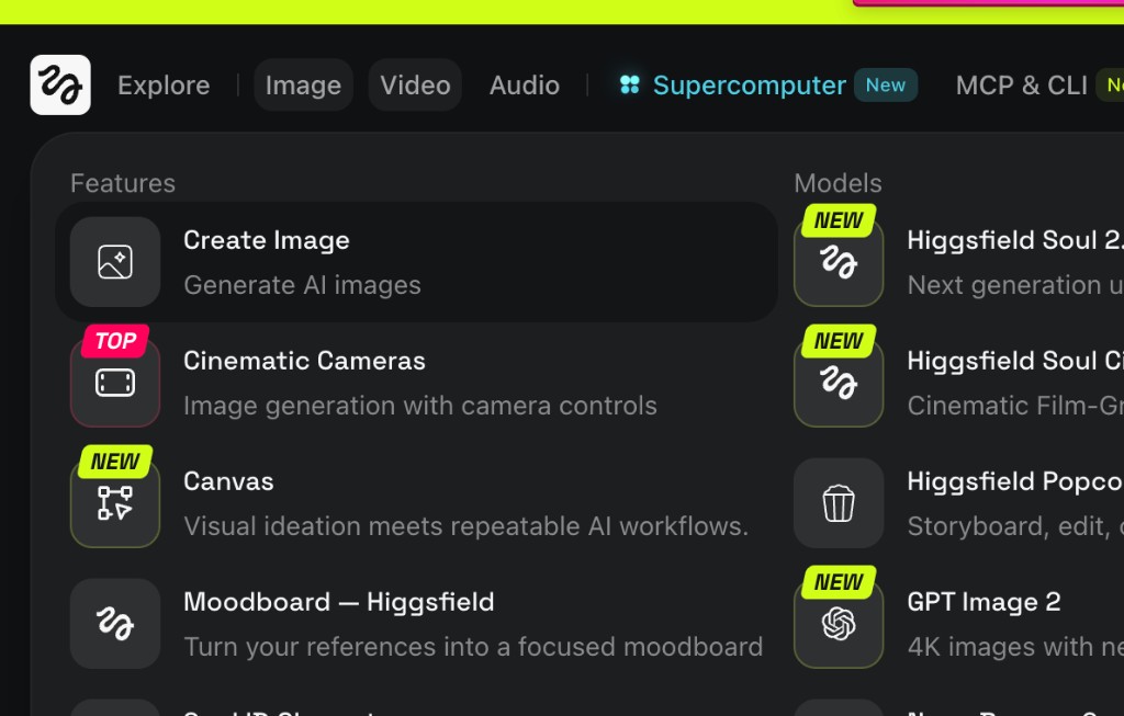 Higgsfield Image menu with Create Image selected and Nano-style models in the list