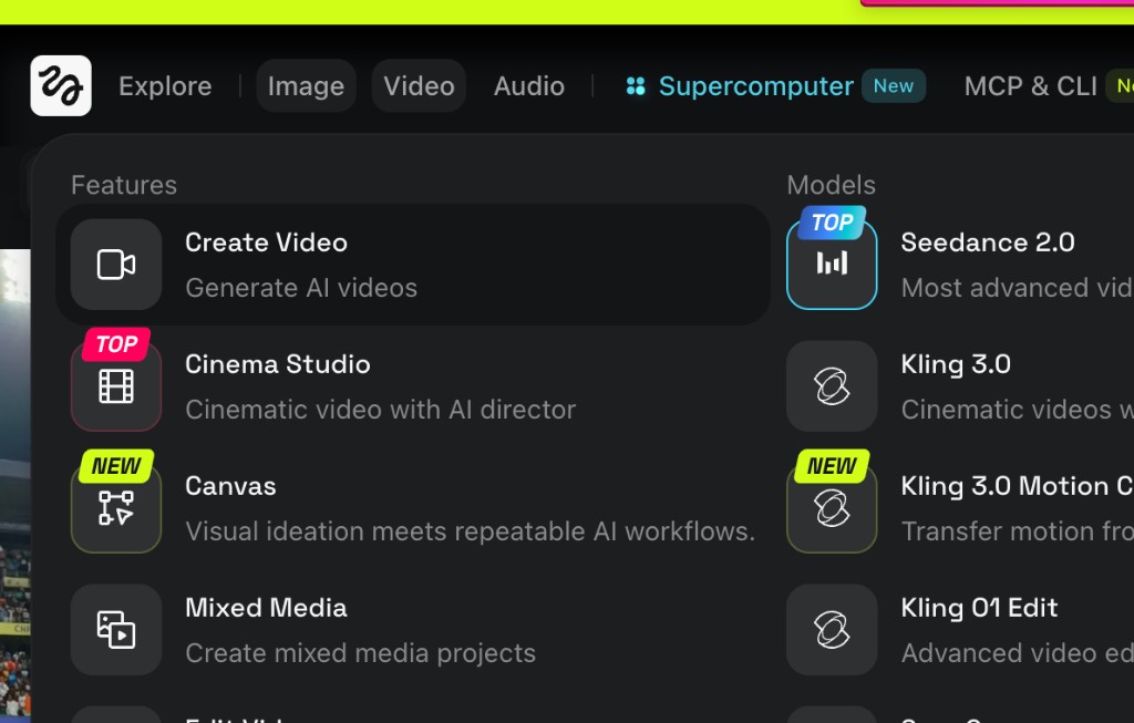 Higgsfield Video menu with Create Video selected and Kling models listed