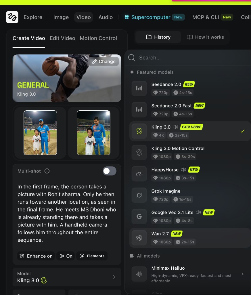 Create Video with two cricket reference images, prompt text, and Kling selected