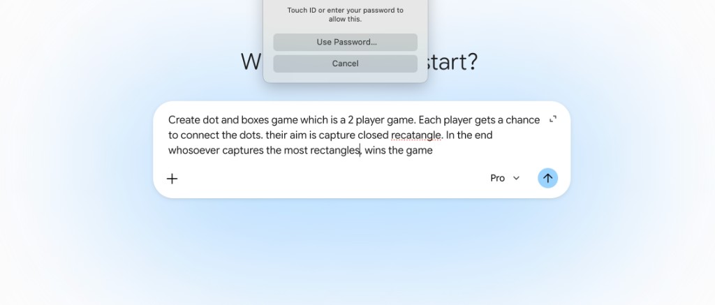 Gemini prompt box with a Dots and Boxes game description typed in