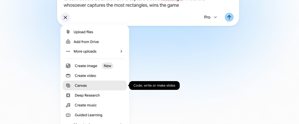 Gemini plus menu with Canvas option highlighted