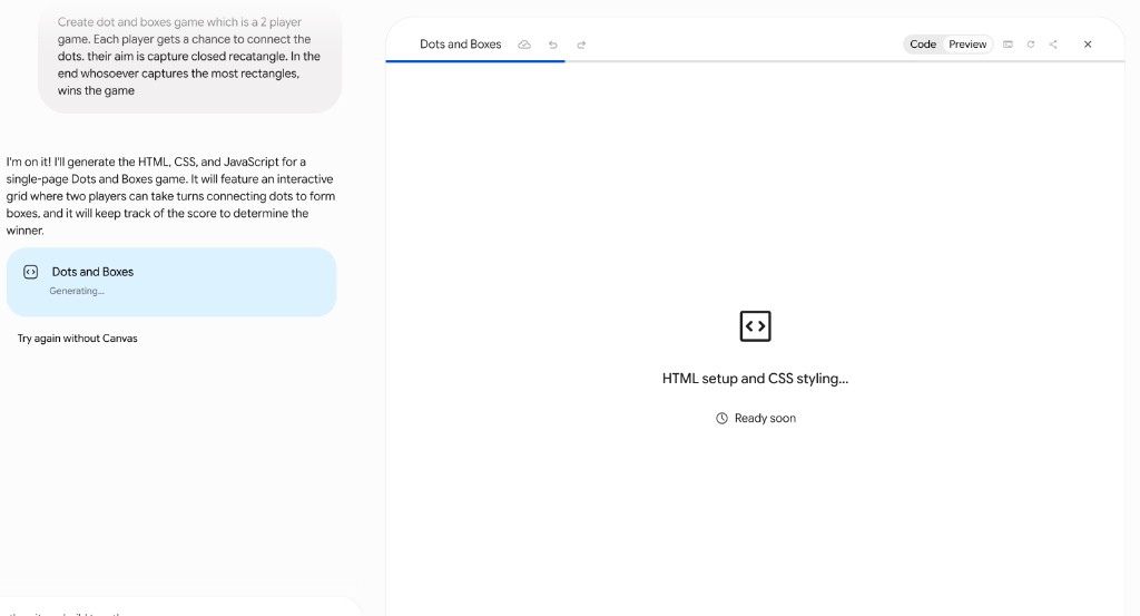 Gemini Canvas panel showing Dots and Boxes generating with code icon