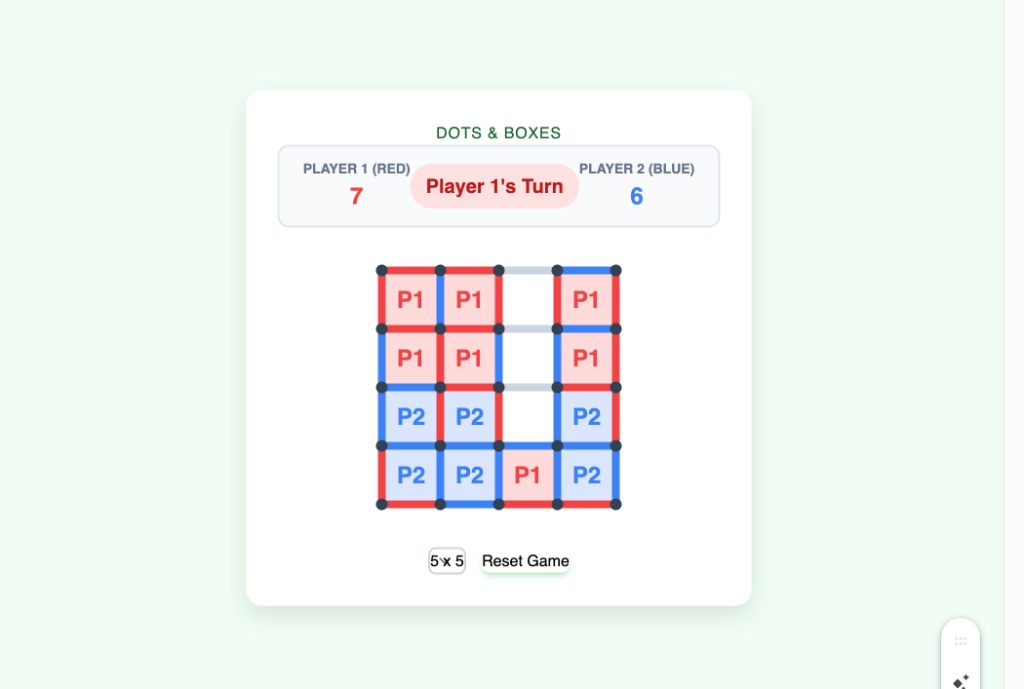 Finished Dots and Boxes game in Preview with scores and Player 1 turn