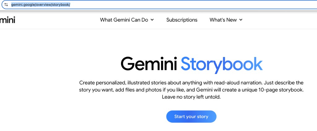 Gemini Storybook landing page with Start your story button