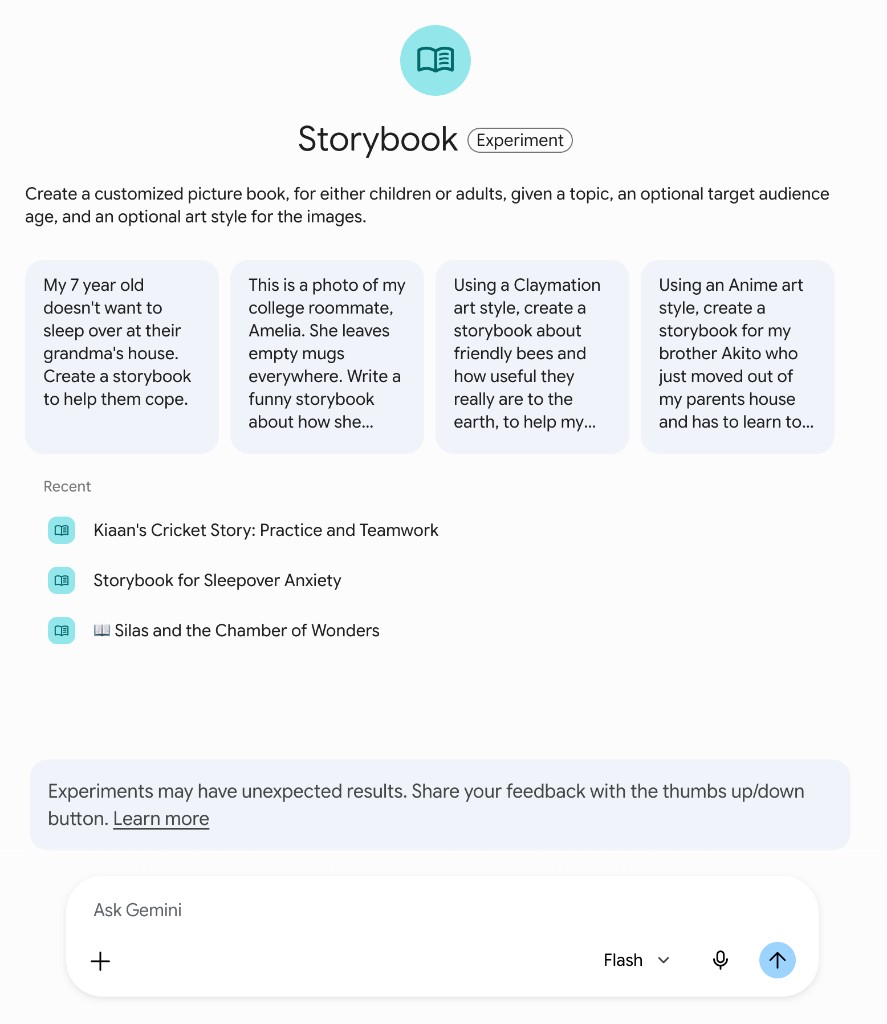 Storybook experiment screen with sample prompt cards and Ask Gemini input