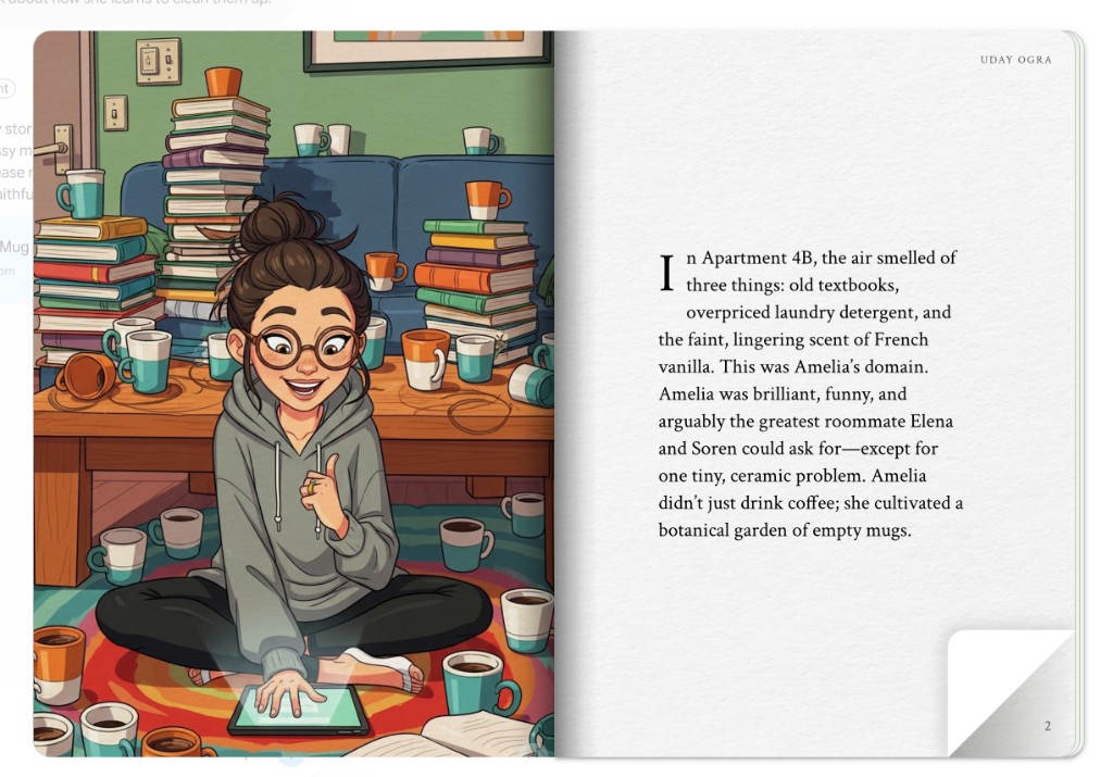 Generated storybook open showing illustrated page and story text