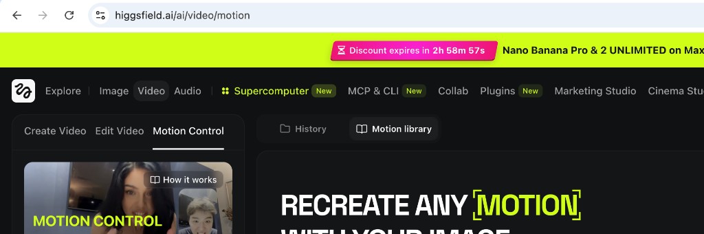 Higgsfield Motion Control tab with Recreate any motion with your image headline