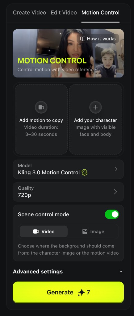 Motion Control upload slots for Add motion to copy and Add your character