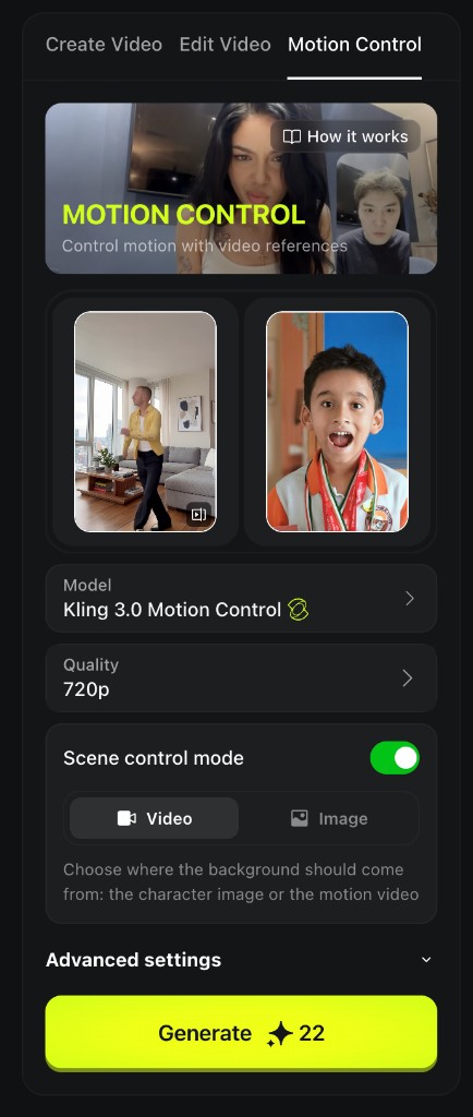 Motion Control with motion video and character photo loaded, Kling 3.0 selected, and Generate button visible