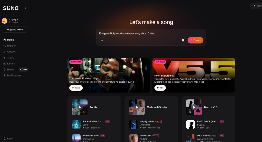 Suno home screen with song prompt in the text box and Create button visible