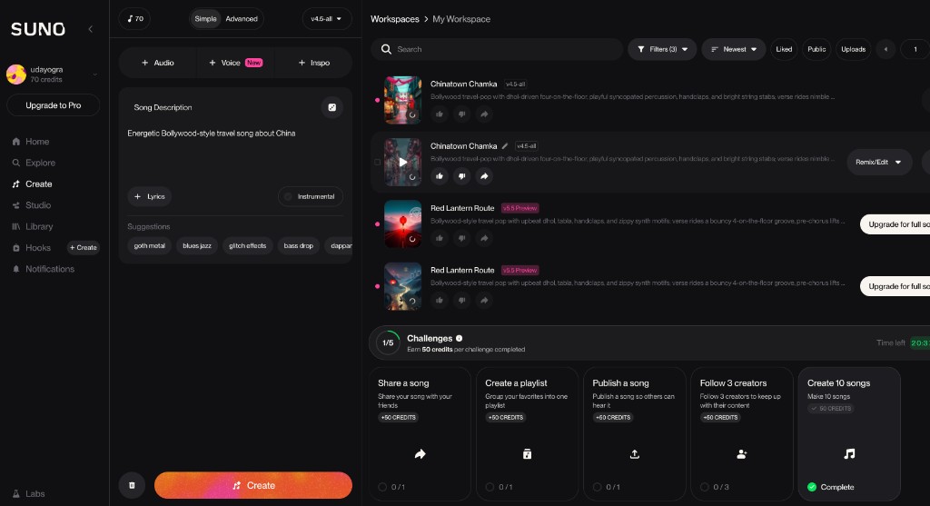 Suno Create workspace showing multiple generated songs from the same prompt