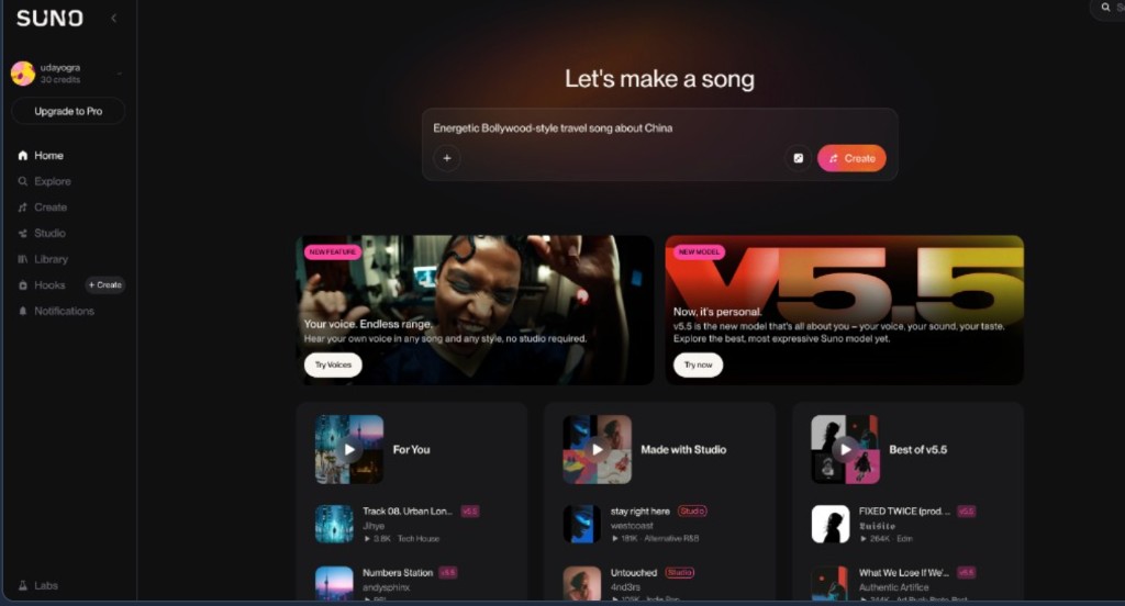 Suno AI home screen with song prompt and Create button