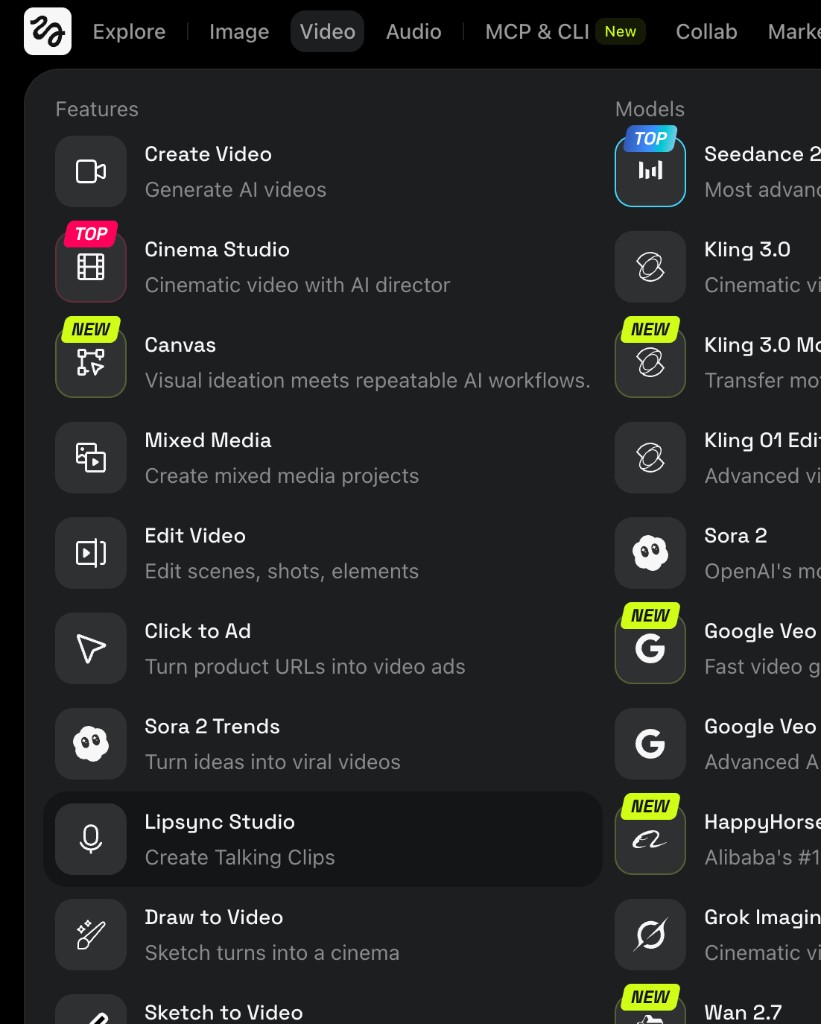 Higgsfield top navigation with Video selected and Lipsync Studio highlighted in the features list