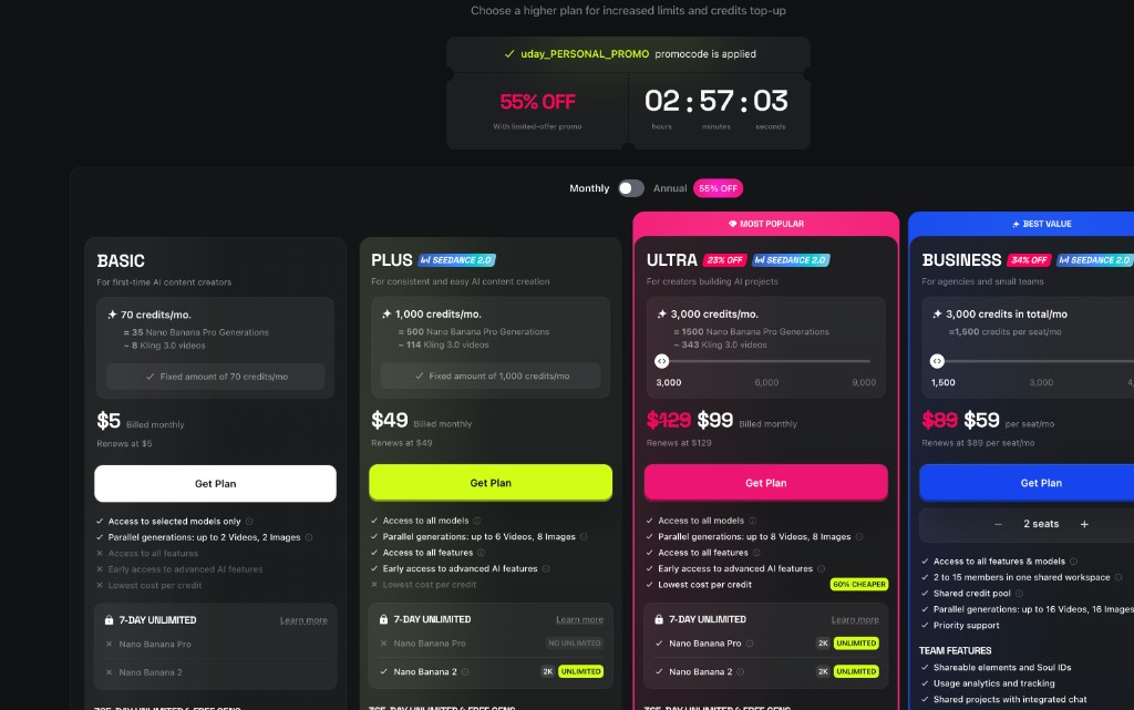 Higgsfield pricing page with Basic, Plus, Ultra, and Business subscription columns