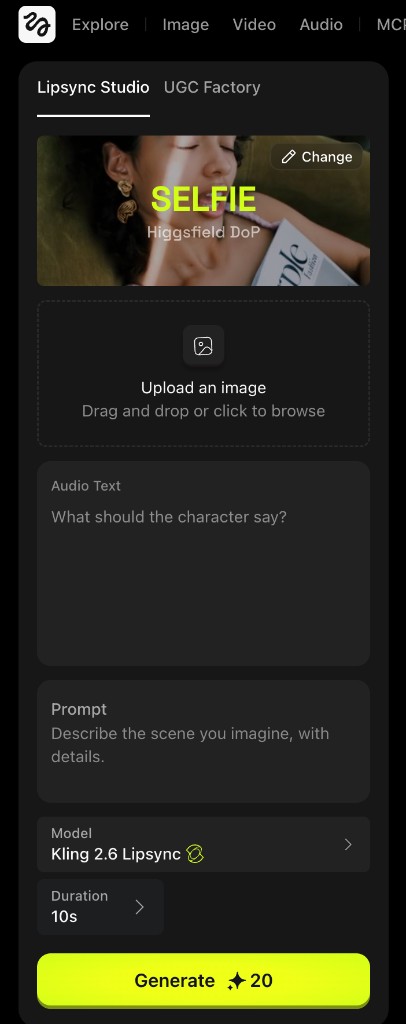 Lipsync Studio left panel with image preview, upload zone, Audio Text, Prompt, model dropdown, duration, and Generate button