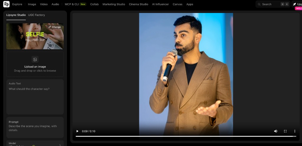 Lipsync Studio with generated video playing in the main preview and controls along the timeline