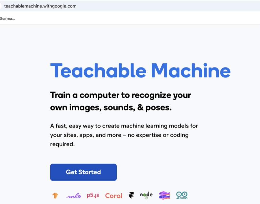 Teachable Machine landing page with the Get Started button